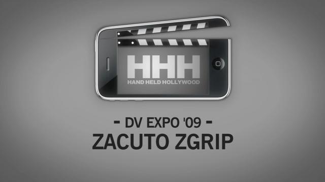 Promotional image featuring a smartphone with a clapperboard graphic, for hand-held Hollywood at DV EXPO '09, optimized with SEO Keywords and showcasing the Zacuto ZGrip.