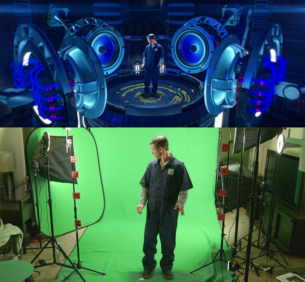 Actor on a green screen set with motion capture equipment, before and after 2084 visual effects are applied.