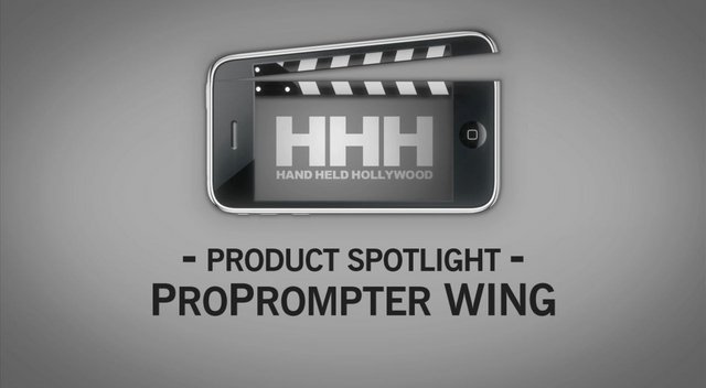 Smartphone displaying a clapperboard graphic, highlighting the "ProPrompter Wing" in a Product Spotlight for enhanced handheld video production.