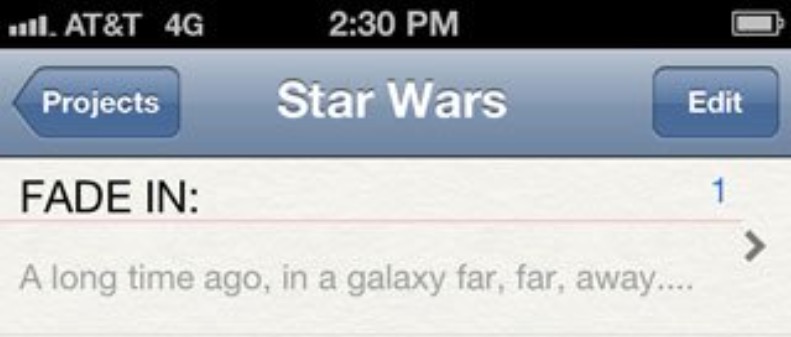 A screenshot of the Index Card iPhone app displaying a note with text referencing the opening line from "Star Wars," adhering to screenplay structure.