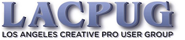 The image displays the acronym "LACPUG," representing the Los Angeles Creative Pro User Group, in stylized text, highlighting its connection to Hollywood.