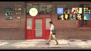 A person walking by a red door on a city sidewalk, with various iOS 7 digital icons floating above.