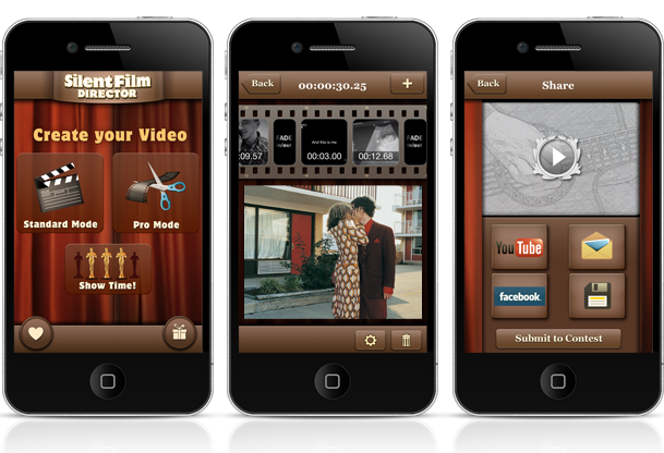 An international mobile app displaying a movie screen and a video screen for iOS filmmakers.
