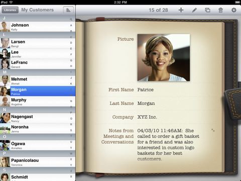 A screenshot of a virtual address book on an iPad displaying a contact profile with a photo, personal details, and notes from a meeting.