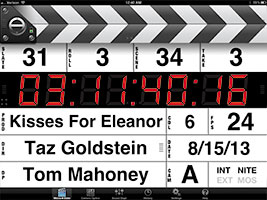 Digital clapperboard displaying production details and a scene's timecode.