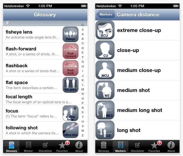 Screenshots of a mobile application displaying a Film Language Glossary of camera shot types, including the Close-Up, used in film and photography.
