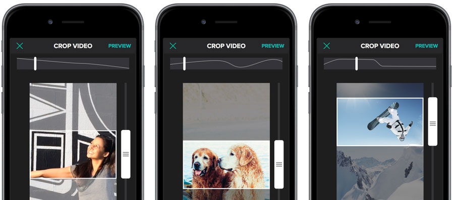 Three smartphones displaying a "Crop on the Fly" video cropping interface with different content: a woman stretching, two dogs, and a snowboarder mid-jump.