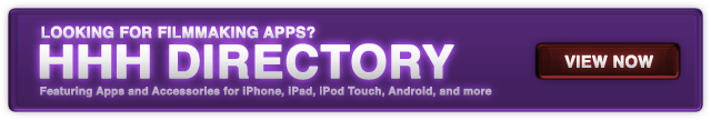 Announcing the HHH Directory: Web banner advertising a directory for filmmaking apps with a call-to-action button labeled "view now.