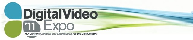 Banner for DV Expo featuring abstract blue and green wave design with the tagline "HD content creation and distribution for the 21st century.