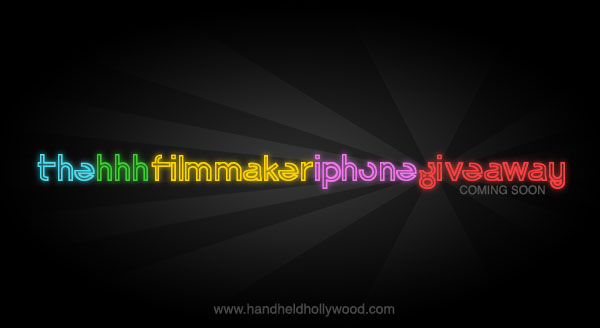 Promotional text for an upcoming iPhone Giveaway for HHH Filmmaker on a vivid, colorful background.
