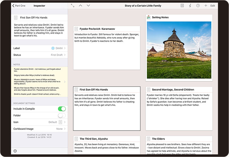 A screenshot of the SCRIVENER writing software interface on an iPad with multiple panels, including a text editing area, navigation sidebar, and an image of a historic building displayed in a section labeled "setting
