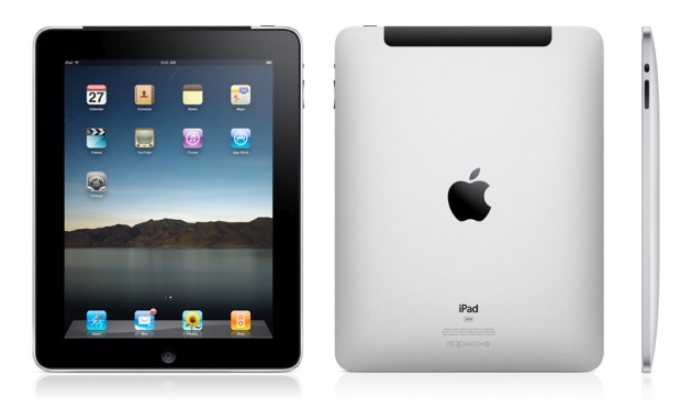 First-generation Apple iPad release displayed from the front, back, and side views.