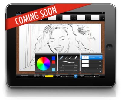Digital drawing tablet with a "coming soon" banner and a SketchPad application on the screen.
