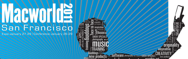 Promotional banner for MacWorld '11 conference & expo in San Francisco, highlighting music, creativity, and technology themes.