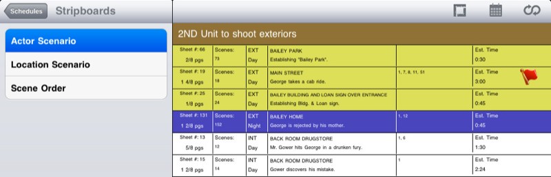 A screenshot of the FREE film production scheduling software, "Movie Magic Scheduling," displaying various scenes and details for a planned shoot.