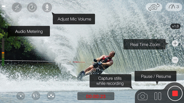 A waterskier in action captured in a MoviePro recording interface.