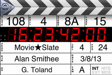 Movie*Slate 2.0 digital clapperboard display showing timecode, scene and take information, and production details.