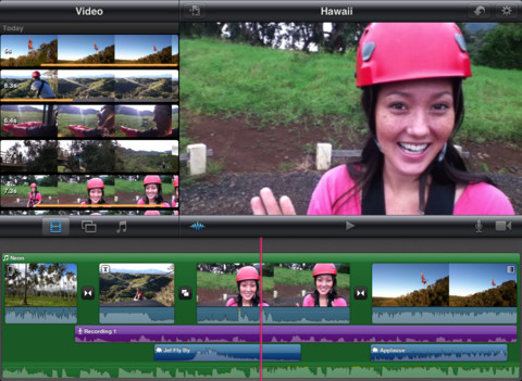 The iPad 1 displaying a woman wearing a helmet in iMovie.