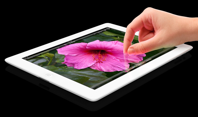 A hand is pointing at a picture of a flower on a new iPad.