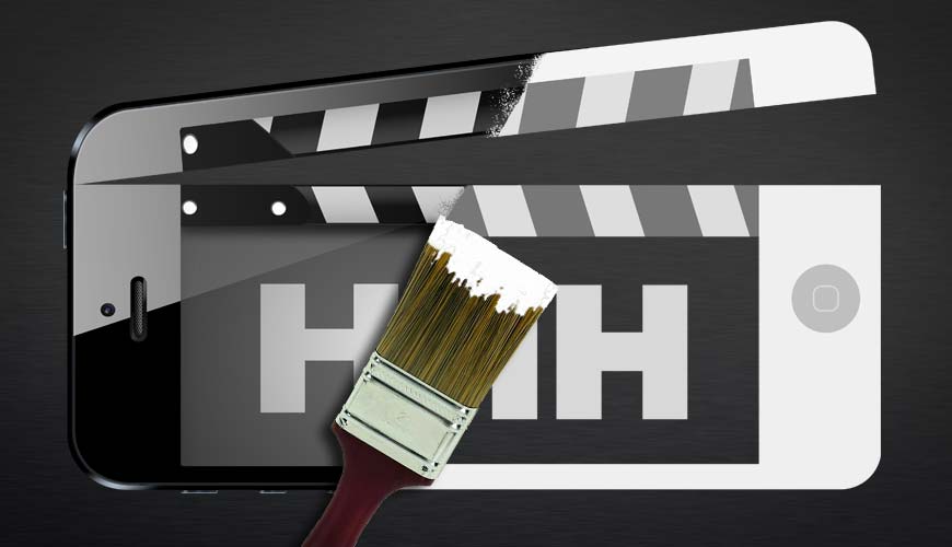 Smartphone with a paintbrush and film clapperboard overlaid, symbolizing Hand Held Hollywood video editing or content creation.