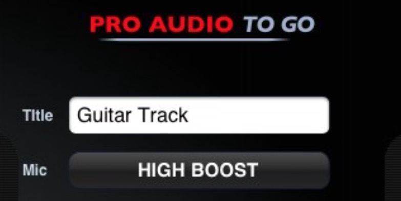 Interface of an iPhone audio recording application showing settings for a "guitar track" with a "high boost" microphone option.