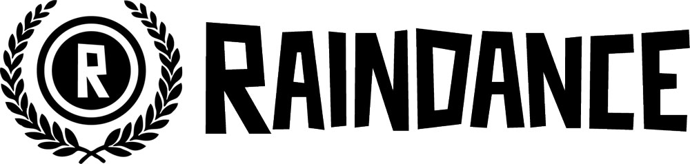 Black and white logo featuring the word "RAINDANCE" with a stylized "r" inside a laurel wreath.