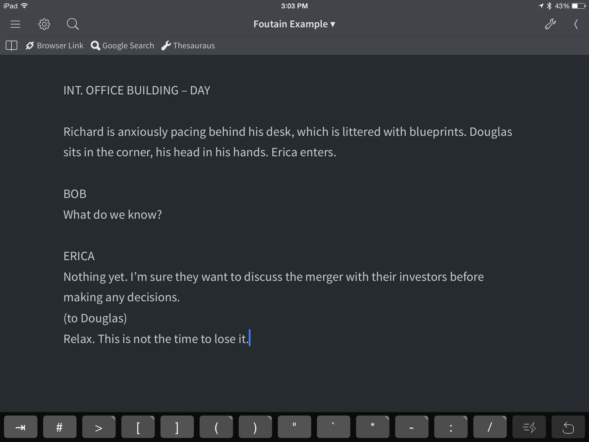 Screenplay snippet displayed on a tablet showing characters Richard, Bob, Douglas, and Erica in a tense business situation involving iThings screenplays.