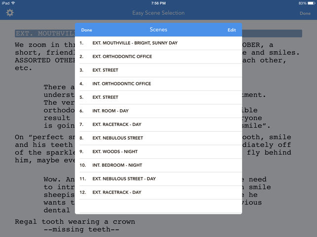 A screenshot of a script editing application on a tablet with various scene descriptions and dialogues, perfect for screenwriters.