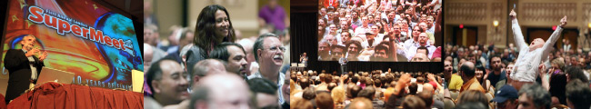 A collage of convention moments: a colorful SuperMeet super sale sign, an overjoyed woman among a crowd, and an enthusiastic iPhone Developers speaker engaging an audience.