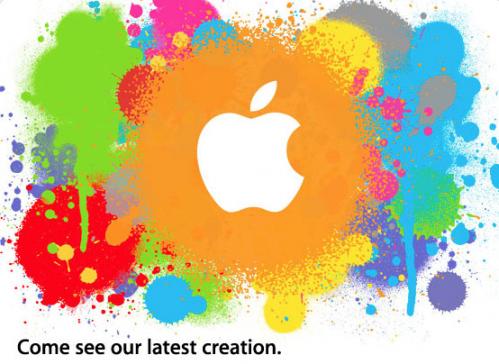 Colorful paint splatters surrounding an Apple logo with the text "come see our latest media creation.
