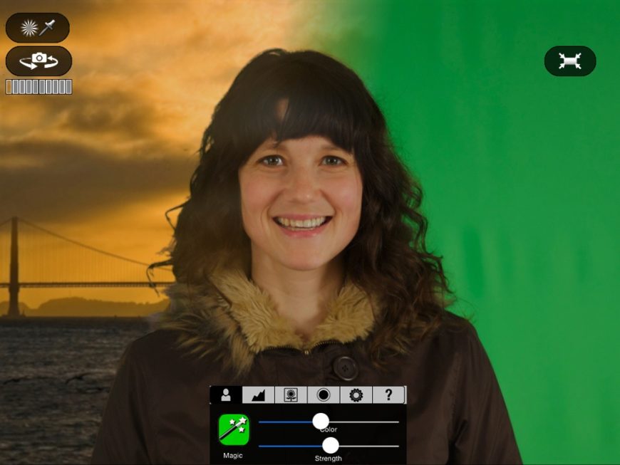 A woman smiling in front of a green screen with an image of the Golden Gate Bridge and a photo editing software interface overlay, as shown in Part II.