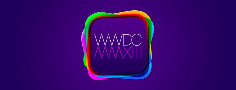 Graphic for apple's wwdc 2013 event featuring a colorful, layered square design on a purple background, showcasing iPhone iOS 7.